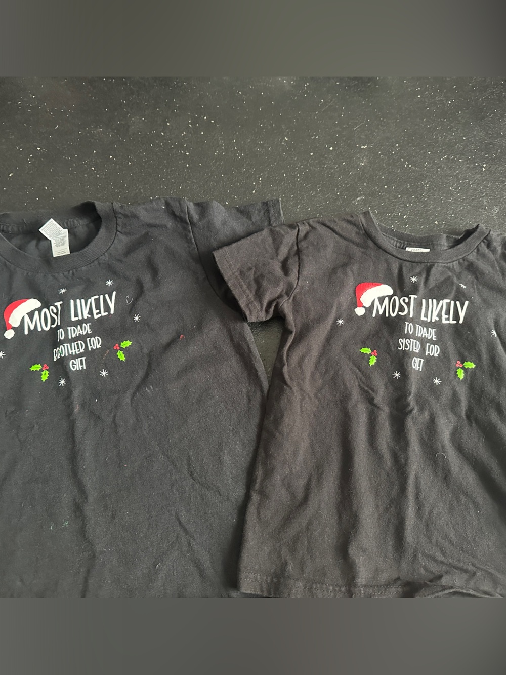 Kid/sibling Christmas shirt set “most likely to trade for gift” girls XS boys 4T